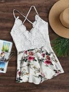 Shein Floral Print Lace Bodice Criss Cross Backless Romper