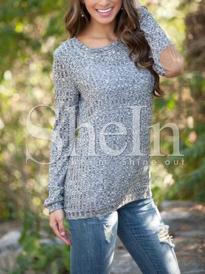 Shein Grey Crew Neck Elbow Patch T-shirt