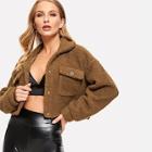 Shein Button Up Flap Pocket Teddy Crop Jacket
