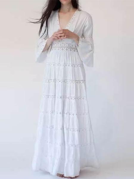 Shein White V Neck Bell Sleeve Maxi Dress