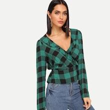 Shein Flounce Trim Plaid Wrap Blouse