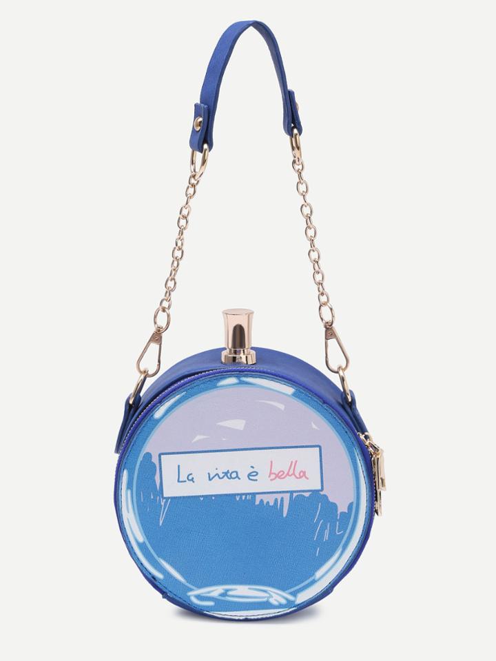 Shein Blue Letter Print Round Crossbody Bag With Chain Strap