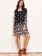 Shein Black Vintage Print Long Sleeve Shift Dress