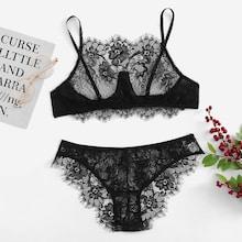 Shein Plus Eyelash Lace Floral Lace Lingerie Set