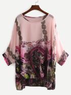 Shein Pink Bat Sleeve Florals Chiffon Shirt