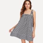 Shein Self Tie Shoulder Frill Trim Striped Dress