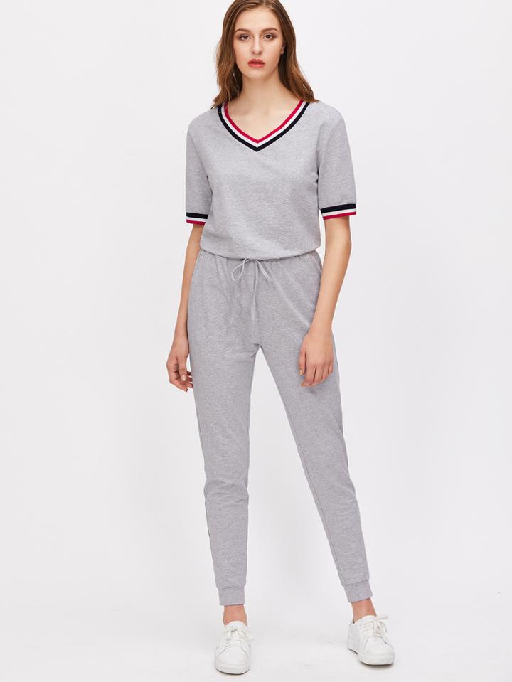 Shein Heather Grey Striped Trim Drawstring Waist Sweat Jumpsuit