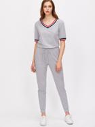 Shein Heather Grey Striped Trim Drawstring Waist Sweat Jumpsuit