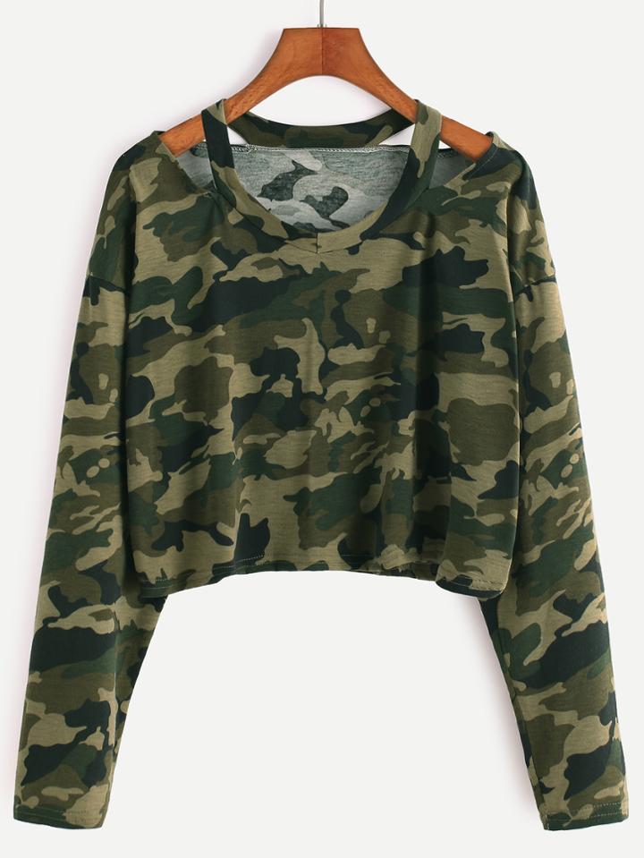 Shein Camo Print Cut Out Neck Crop T-shirt