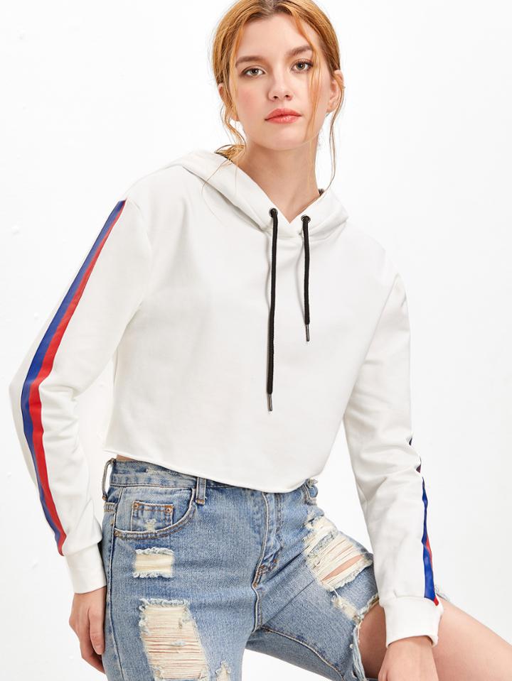 Shein White Striped Sleeve Crop Hoodie