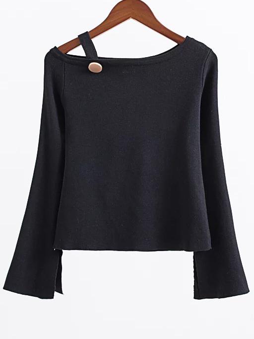 Shein Black Button Embellished Boat Neck Slit Sleeve Knitwear