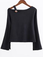Shein Black Button Embellished Boat Neck Slit Sleeve Knitwear