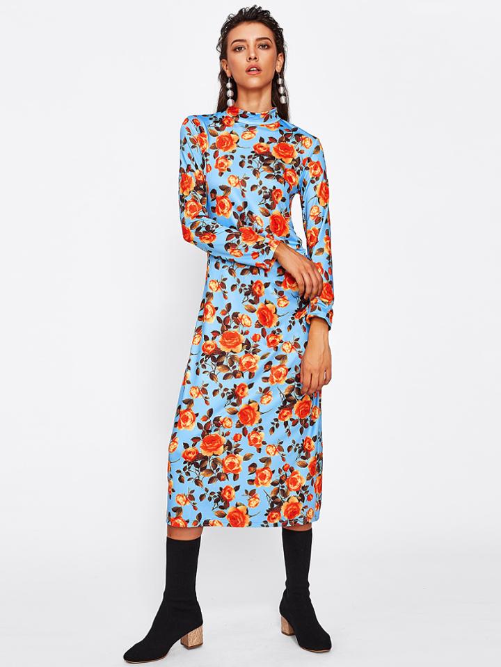 Shein Band Collar Floral Print Sheath Dress