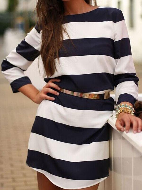 Shein Navy White Crew Neck Striped Loose Dress
