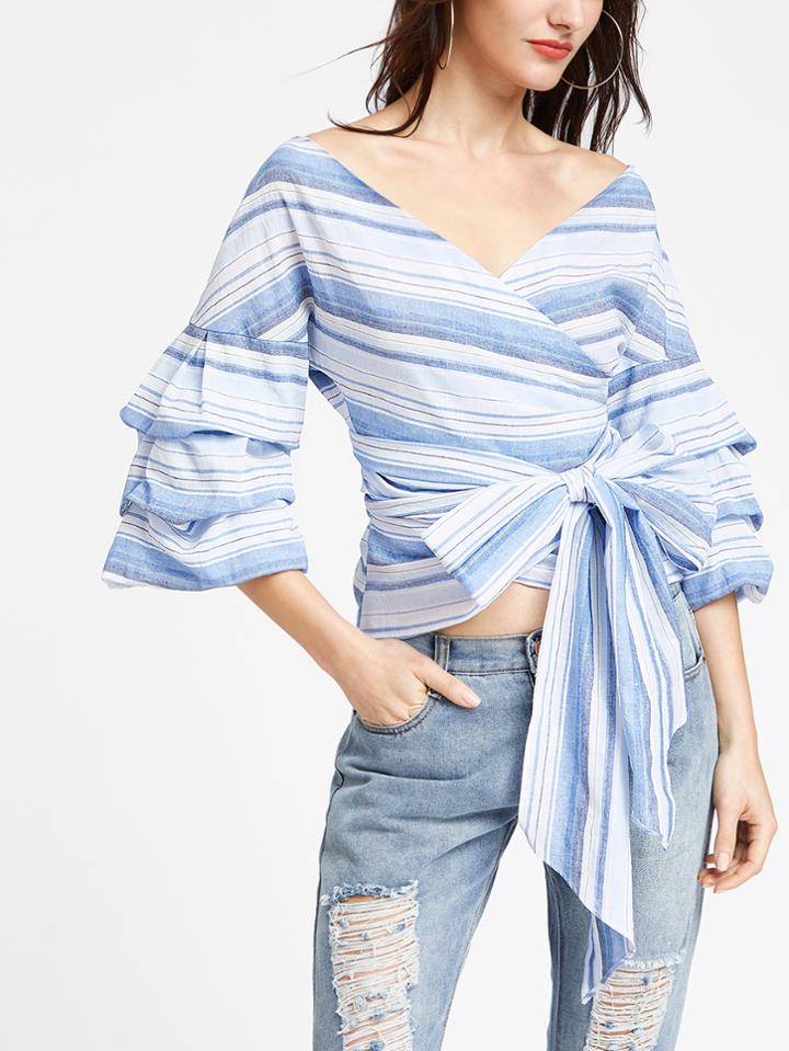 Shein Striped Layered Sleeve Surplice Wrap Top