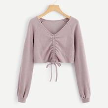 Shein Drawstring Front V Neckline Solid Sweater