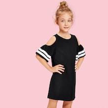 Shein Girls Cold Shoulder Striped Sleeve Dress
