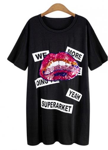 Rosewe Letter And Lips Print Black Loose T Shirt