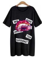 Rosewe Letter And Lips Print Black Loose T Shirt