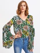 Shein Bow Tie Fluted Sleeve Tropical Top