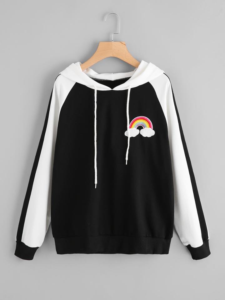 Shein Two Tone Hoodie With Rainbow Embroidered Patch