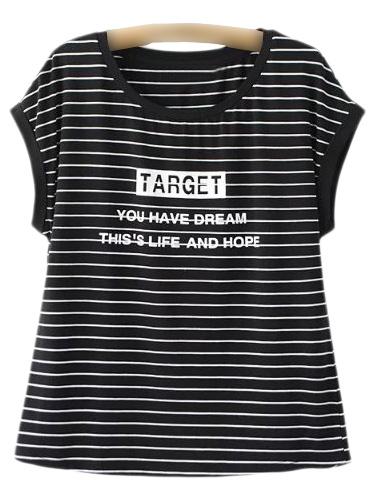 Shein Black Round Neck Letters Print Stripe T-shirt