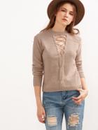Shein Coffee Cutout Lace Up Cable Knit Sweater