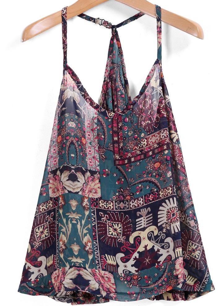 Shein Green Spaghetti Strap Vintage Print Tank Top