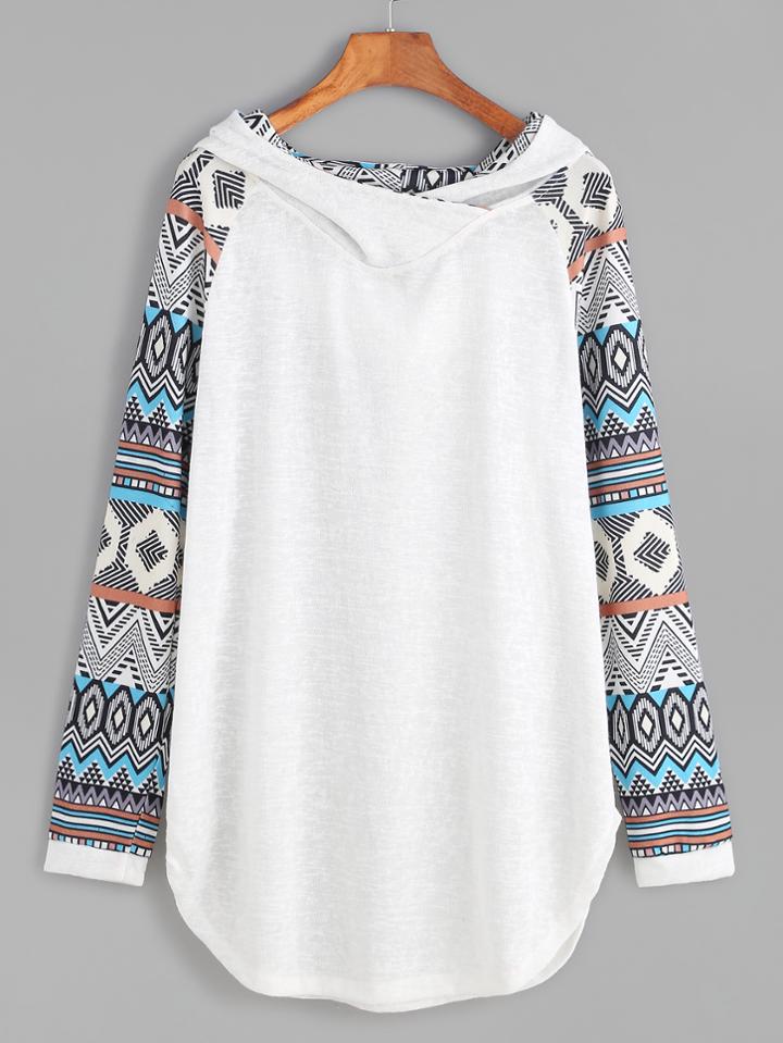 Shein Contrast Raglan Sleeve Curved Hem Hooded Sweatshirt