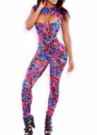 Rosewe Charming Round Neck Short Sleeve Ankle Length Jumpsuit With Print