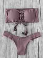 Shein Eyelet Lace Up Tassel Bandeau Bikini Set