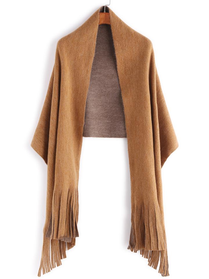 Shein Khaki And Camel Double Sided Long Fringe Shawl Scarf
