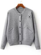 Shein Grey Varsity Embroidered Patch Knitted Bomber Jacket With Pocket