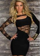 Rosewe Stunning Hollow Lace Long Sleeve Black Bodycon Dress