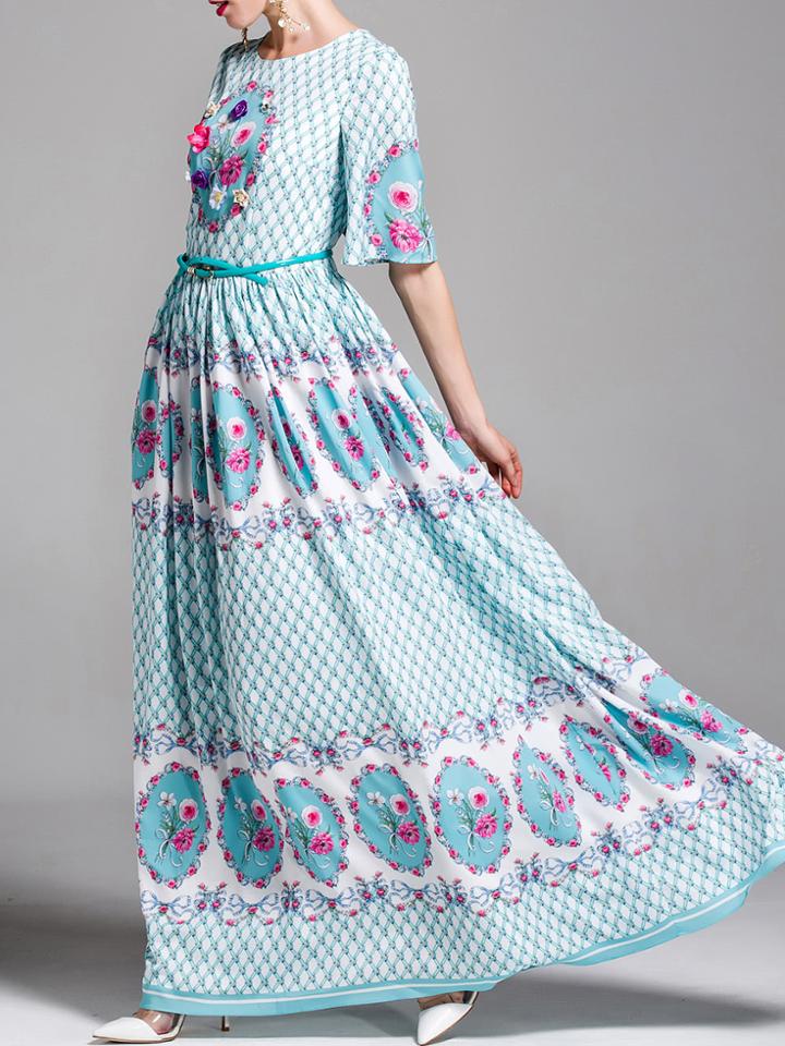 Shein Flowers Applique Print Maxi Dress