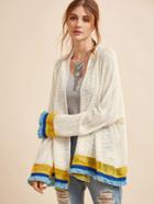 Shein White Contrast Fringe And Crochet Trim Cardigan