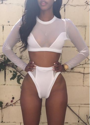 Rosewe Sheer Mesh Splicing Long Sleeve Two Piece Swimwear