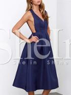 Shein Navy Faille Shantung Sleeveless Pockets Flare Dress