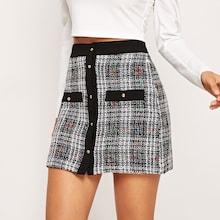 Shein Solid Trim Button Up Tweed Skirt