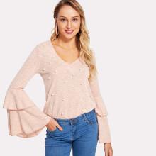 Shein Pearl Embellished Layered Bell Sleeve Tee
