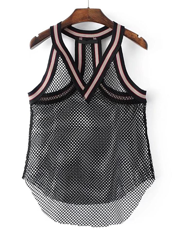 Shein Ribbed Detail High Low Mesh Tank Top
