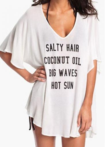 Rosewe V Neck White Half Sleeve Printed Cover Up