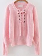 Shein Pink Eyelet Lace Up Ribbed Trim Sweater