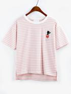 Shein Cactus Embroidered Striped High-low T-shirt - Pink