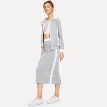 Shein Contrast Panel Zip Up Hoodie With Split Back Skirt