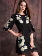 Shein Black Round Neck Length Sleeve Embroidered Lace Dress