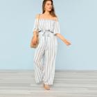 Shein Plus Tie Waist Wide Leg Striped Bardot Jumpsuit