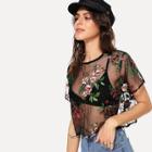 Shein Embroidered Sheer Mesh Crop Top Without Bra