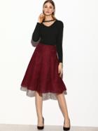 Shein Burgundy Embroidered Mesh A-line Skirt