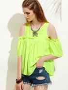 Shein Green Cold Shoulder Pleated Half Sleeve Blouse